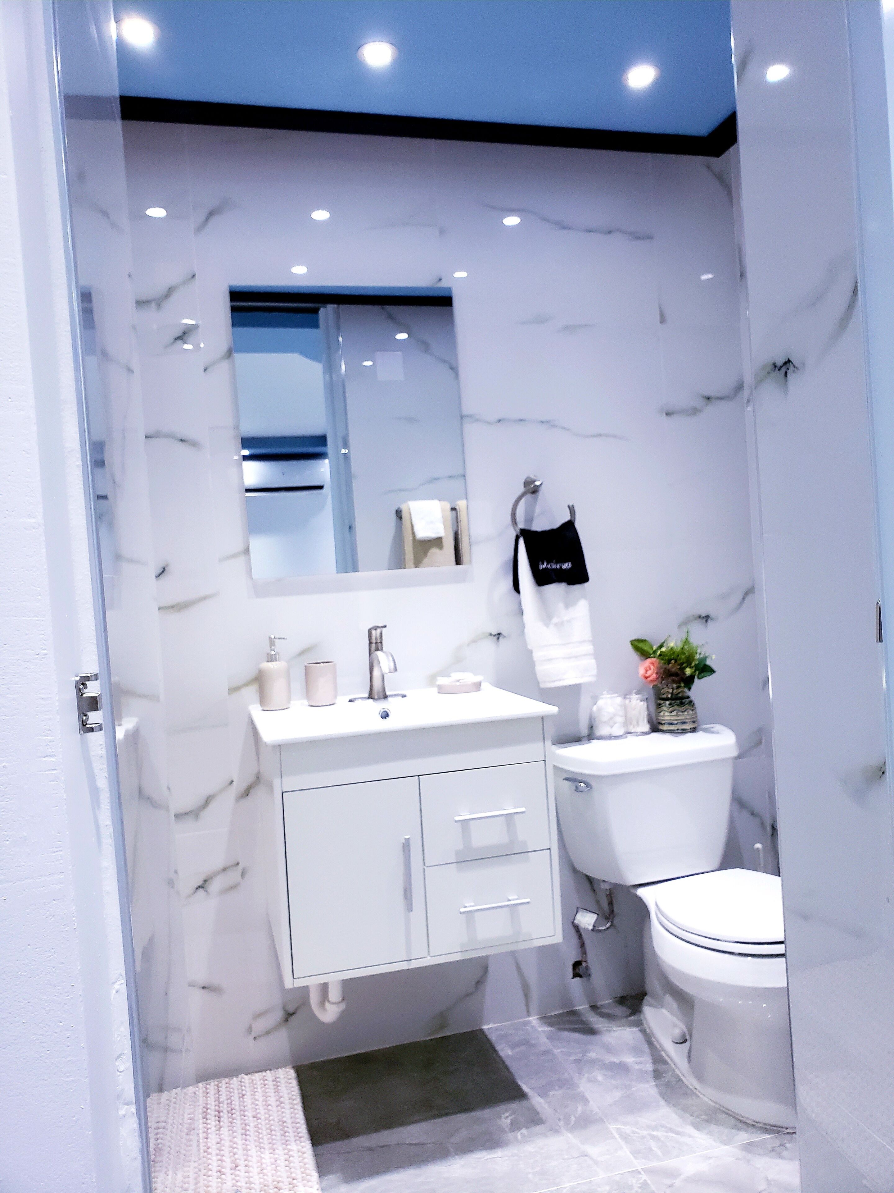 Een moderne badkamer met een witte marmeren wand, een wastafel met spiegel erboven, een toilet en een kleine plant op de wastafel.