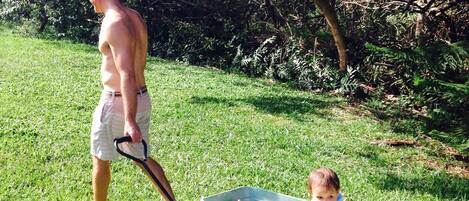 A man pushing a green wheelbarrow with a child sitting inside, on a grassy area with trees in the background.