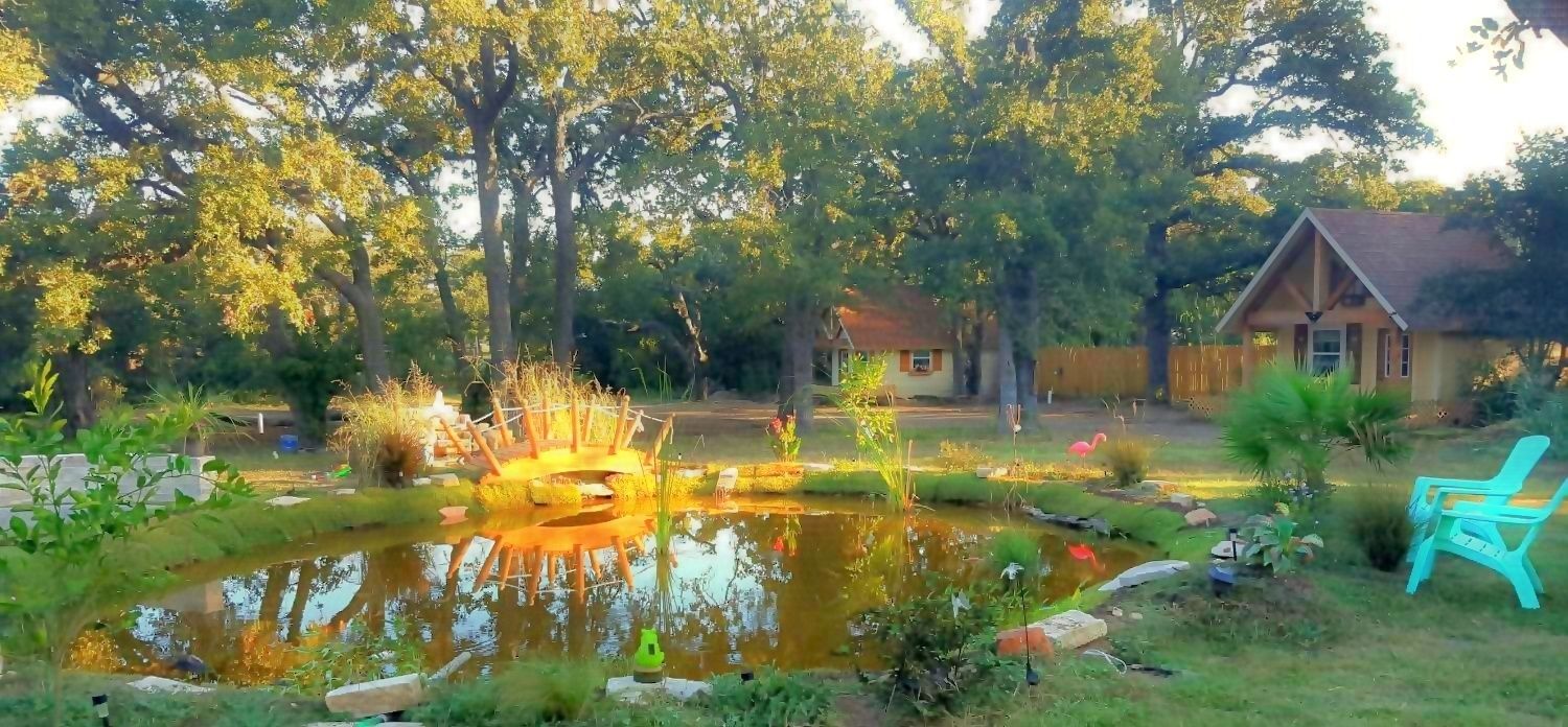 A pond with a wooden structure, surrounded by trees and a small house.