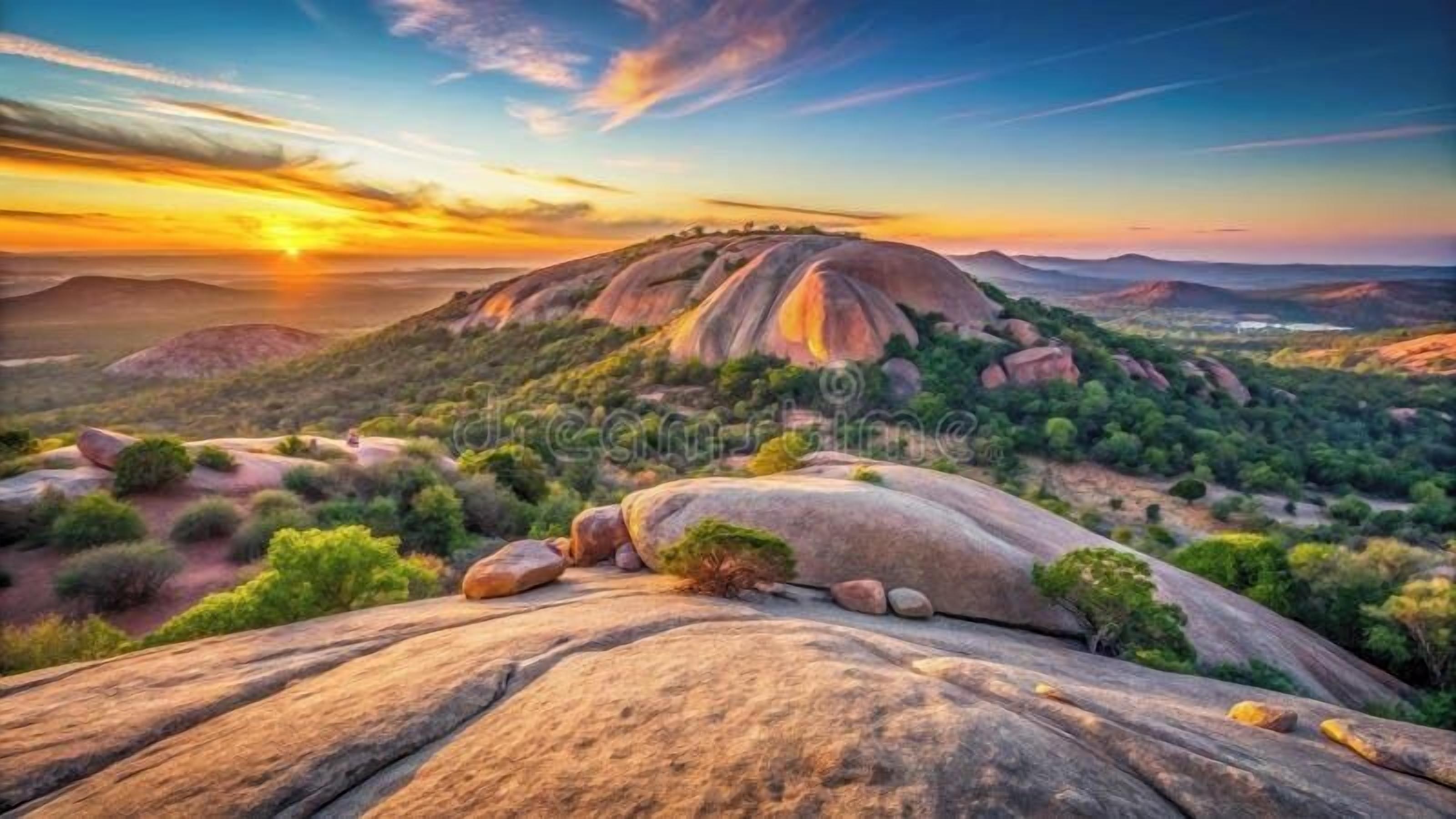 A landscape with large rock formations and a sunset.