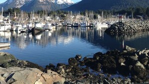 A marina with boats docked, surrounded by rocky shores and mountains in the background. - Studio Downtown Apt. 7 w/ Ocean & Mountain Views. (Sitka)