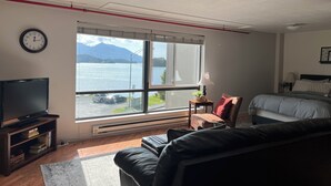 A living room with a large window, a television, a sofa, a chair, and a bed. - Studio Downtown Apt. 7 w/ Ocean & Mountain Views. (Sitka)