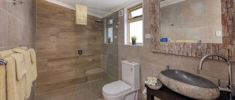 A modern bathroom with a glass shower enclosure, a toilet, a sink with a stone basin, and a mirror with a wooden frame.