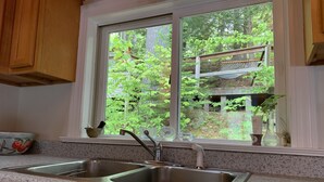 Una cocina con un lavamanos doble de acero inoxidable, armarios de madera y una ventana con vistas a un jardín.