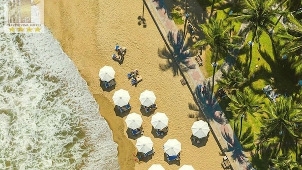 A beach with umbrellas and lounge chairs arranged along the shoreline. - Daphovina Hotel (Bac Nha Trang)