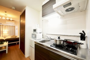 Fridge, microwave, stovetop, electric kettle