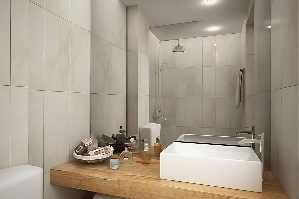 shower, hair dryer, bathrobes, slippers