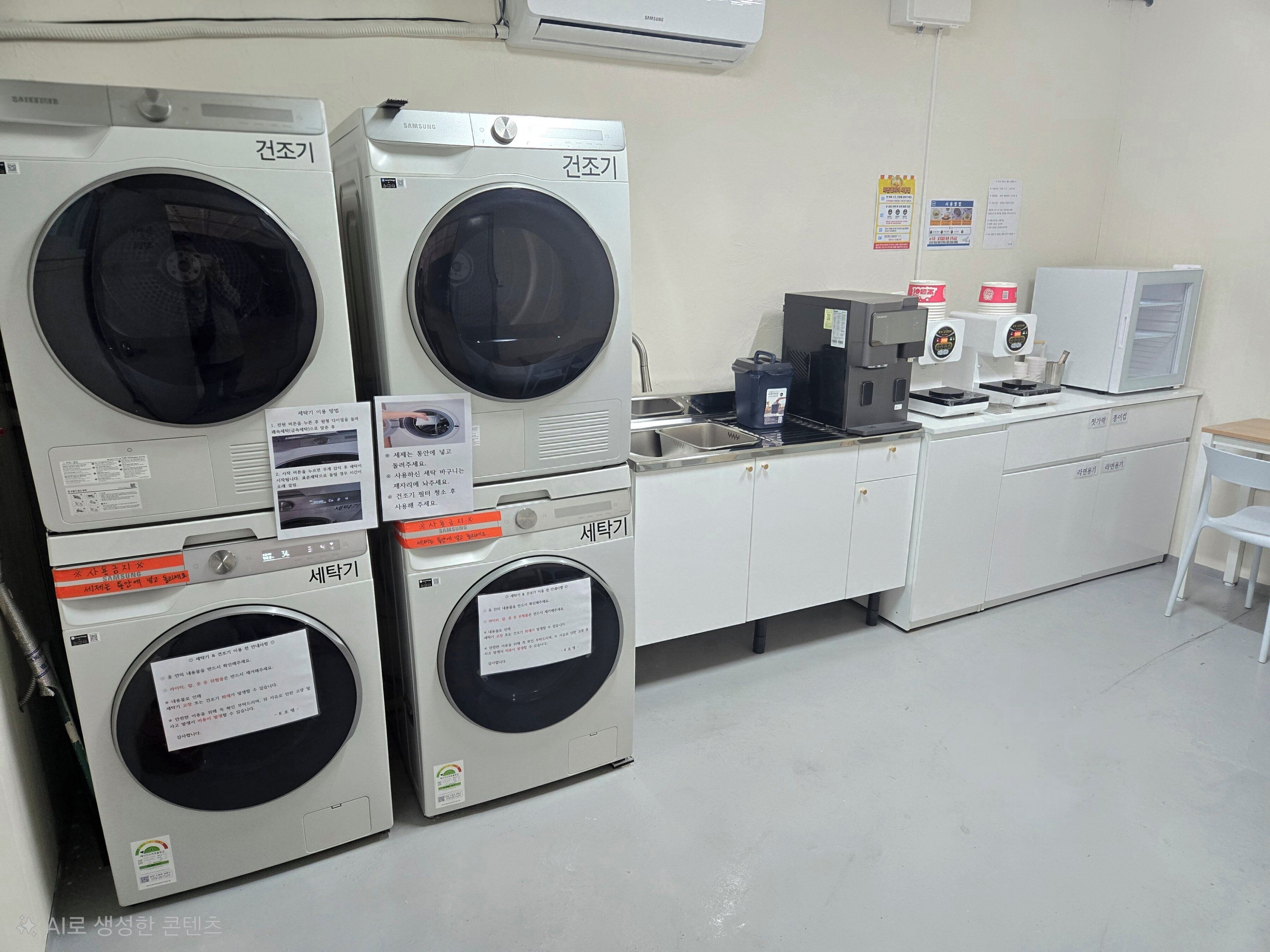 A laundry facility with multiple washing machines, a coffee machine, and a small sink.
