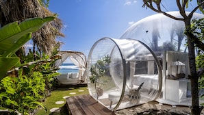Deux structures en forme de dôme transparent, dotées de sièges à l’intérieur, entourées d’une végétation luxuriante et d’un mur de pierre.