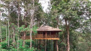 A treehouse with a thatched roof and wooden balcony, surrounded by dense forest. - Tranquil Resort - BluSalzz Collection, Wayanad (Sulthan Bathery)