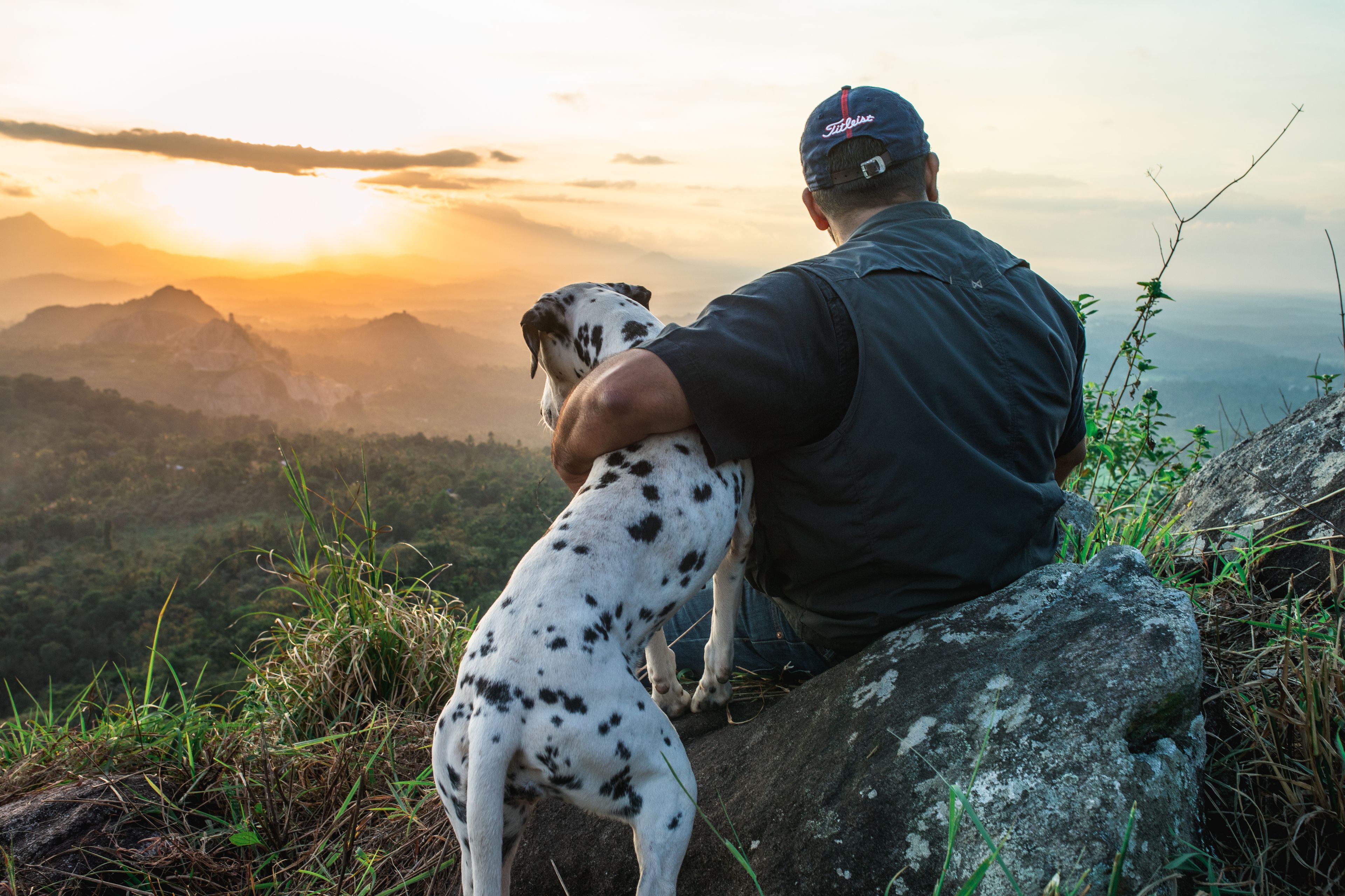 Un hombre sentado sobre una roca con un perro dálmata, contemplando un paisaje montañoso al atardecer.