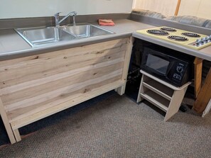 Cafetera o tetera, frigorífico, microondas y placa de cocina