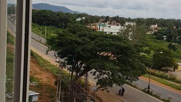 Vista da janela sobre uma estrada com veículos, um terreno de terra e uma árvore.