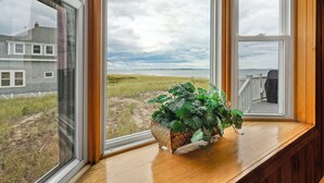 A view from a window with a wooden ledge, a potted plant, and a glimpse of a beach and a house in the background.