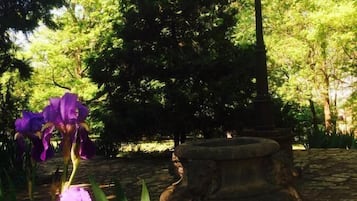 A garden with a stone fountain, a lamppost, and purple flowers.