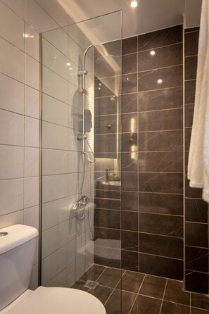 Shower, hair dryer, bathrobes, towels