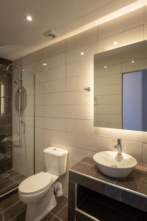 Chuveiro, secador de cabelo, roupões de banho, toalhas de banho