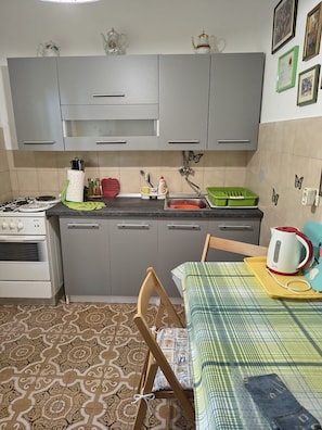 Une cuisine avec des meubles gris, une cuisinière à gaz, un évier et une table recouverte d’une nappe à carreaux.
