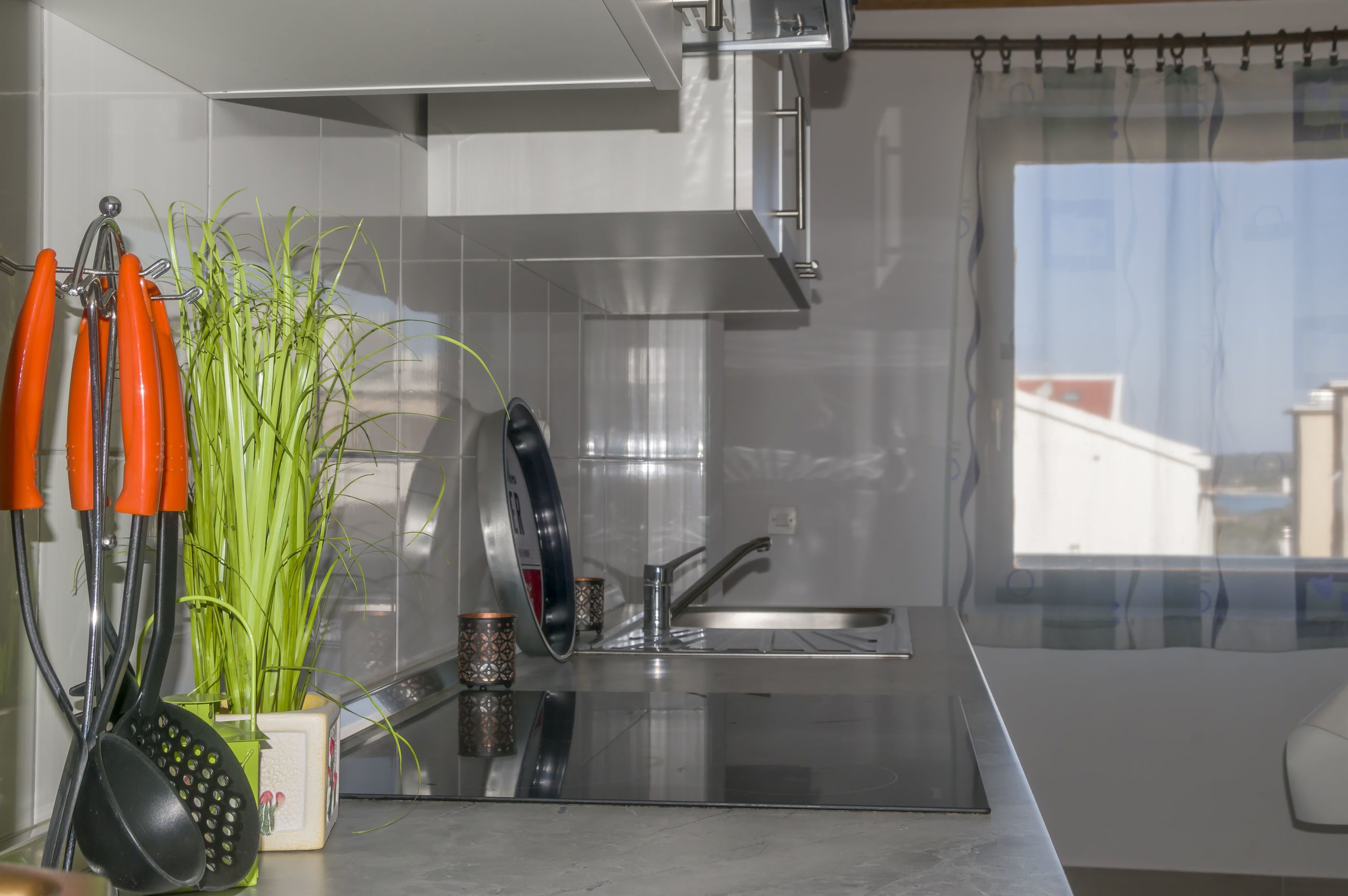 Una cucina moderna con un lavello in acciaio inossidabile, un vaso con piante verdi e utensili da cucina.
