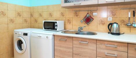 Appartement (A2) | Privékeuken | Een koelkast, een microgolfoven, een oven, een kookplaat