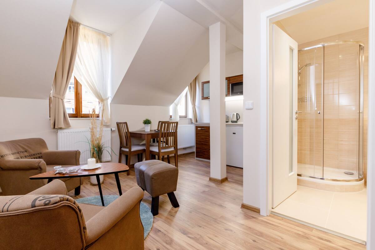 A modern apartment with a dining area, living room, and a glass shower.