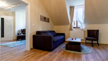 Apartment, 1 Schlafzimmer, Kochnische, Stadtblick (1) | Wohnbereich | Flachbildfernseher