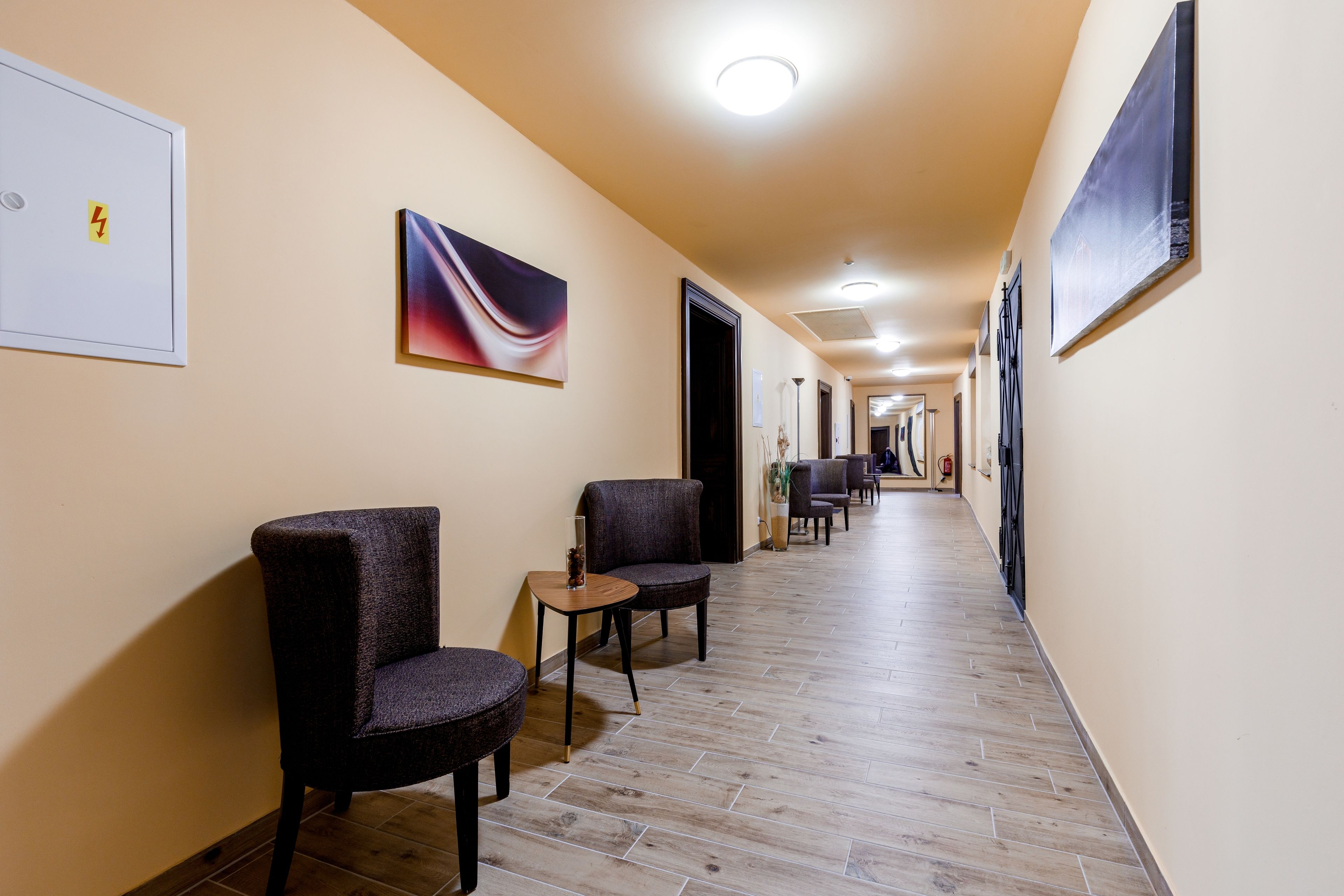 Un pasillo de hotel con dos sillones, una mesita y un cuadro en la pared.