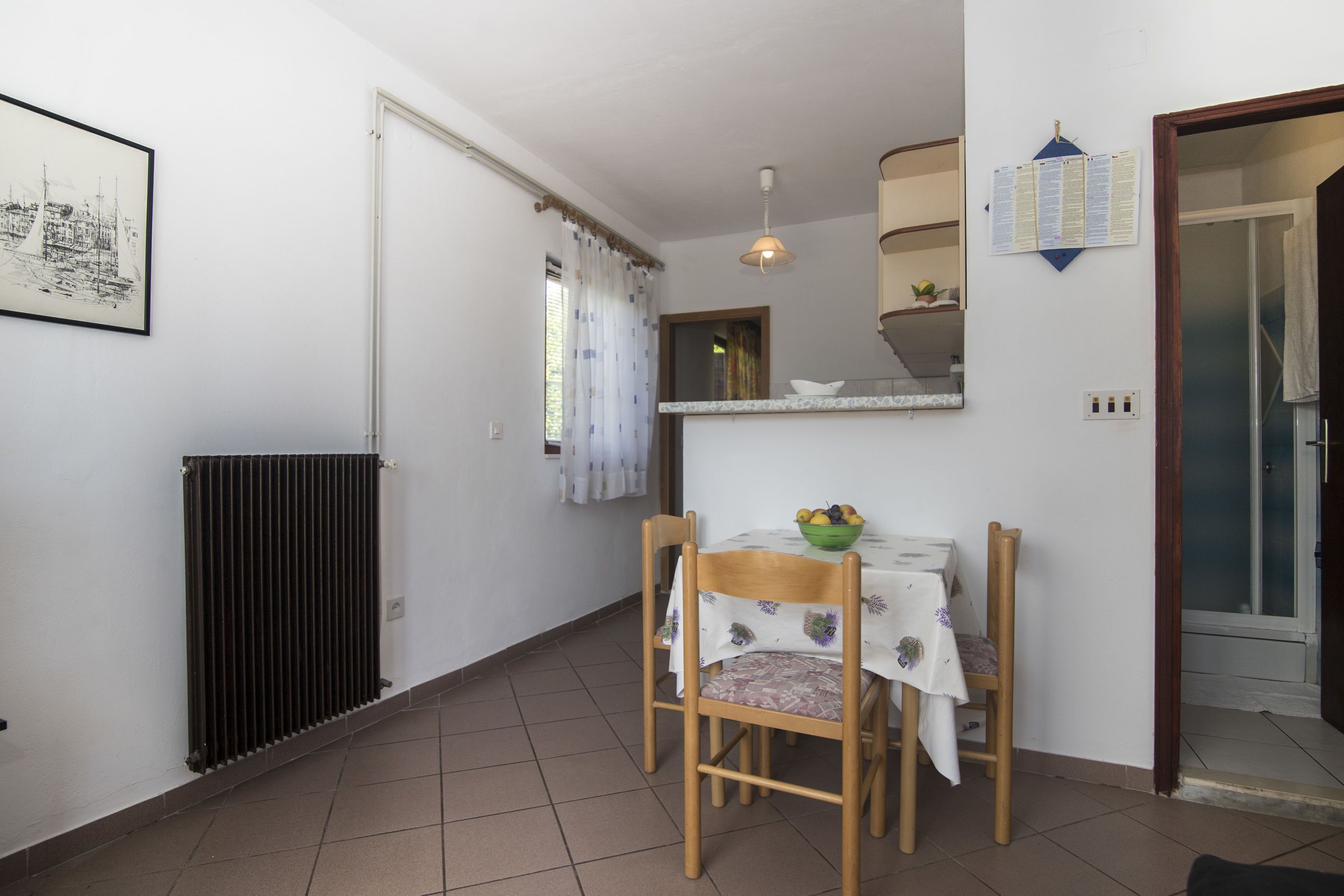A dining area with a table and chairs, a radiator, a window with curtains, and a door leading to a bathroom.