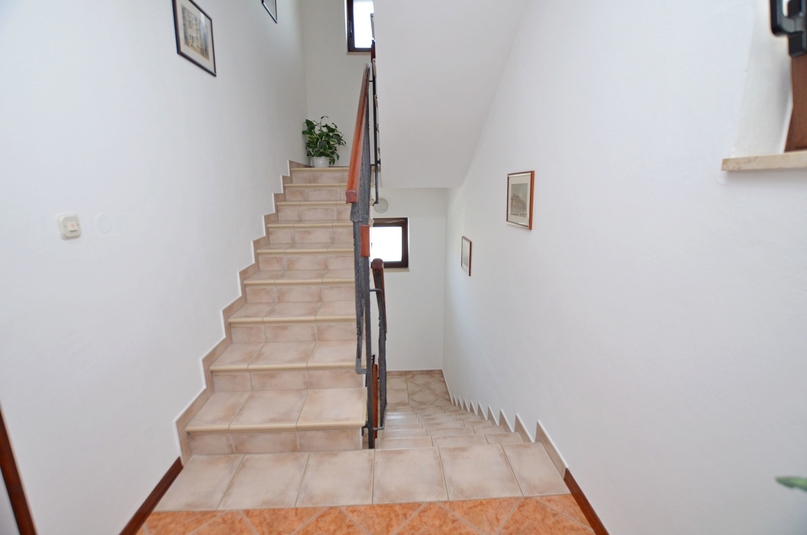 Un escalier recouvert de carreaux beiges, avec des murs blancs et un pot de fleurs placé en haut.