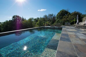 Utomhuspool, parasoller och solstolar