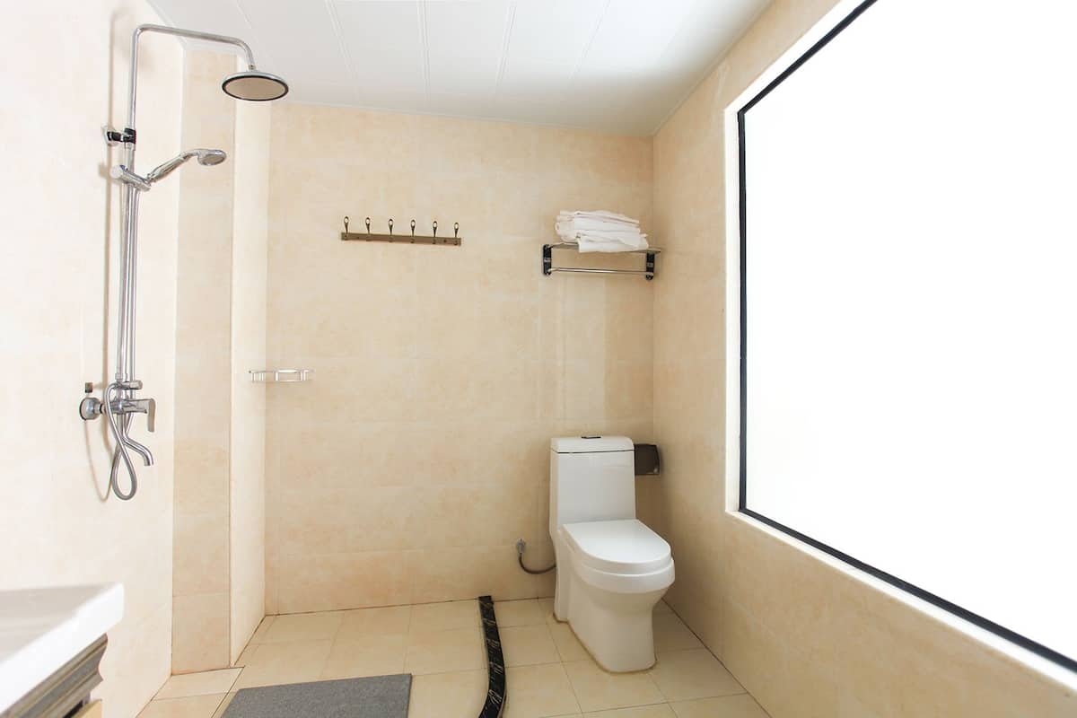 Un baño pequeño y moderno con ducha, inodoro y perchero para toallas.