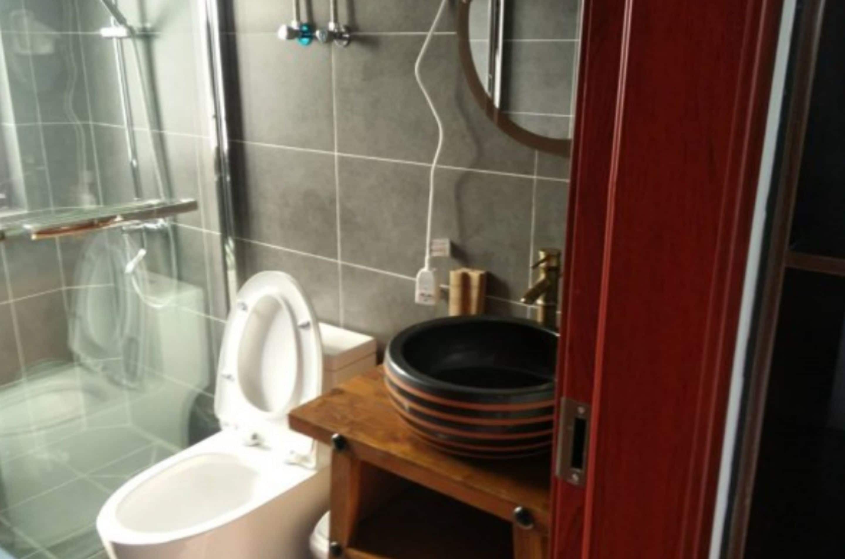 Shower, hair dryer, slippers, soap