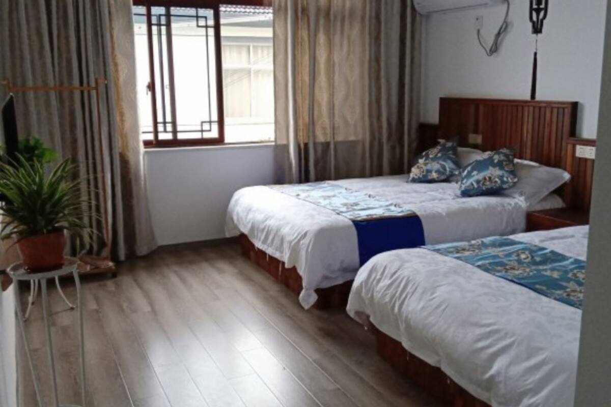 A room with two beds, a potted plant, and a window with curtains.