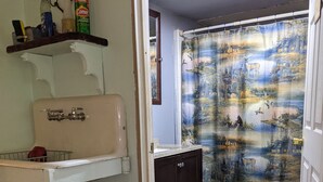 A bathroom with a shower curtain depicting a nature scene, a white sink, and a small cabinet.