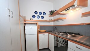 A compact kitchen with a refrigerator, stove, oven, and a sink. There are blue decorative plates on the wall and a small plant on the countertop. - Palme Residence (Lignano Sabbiadoro)