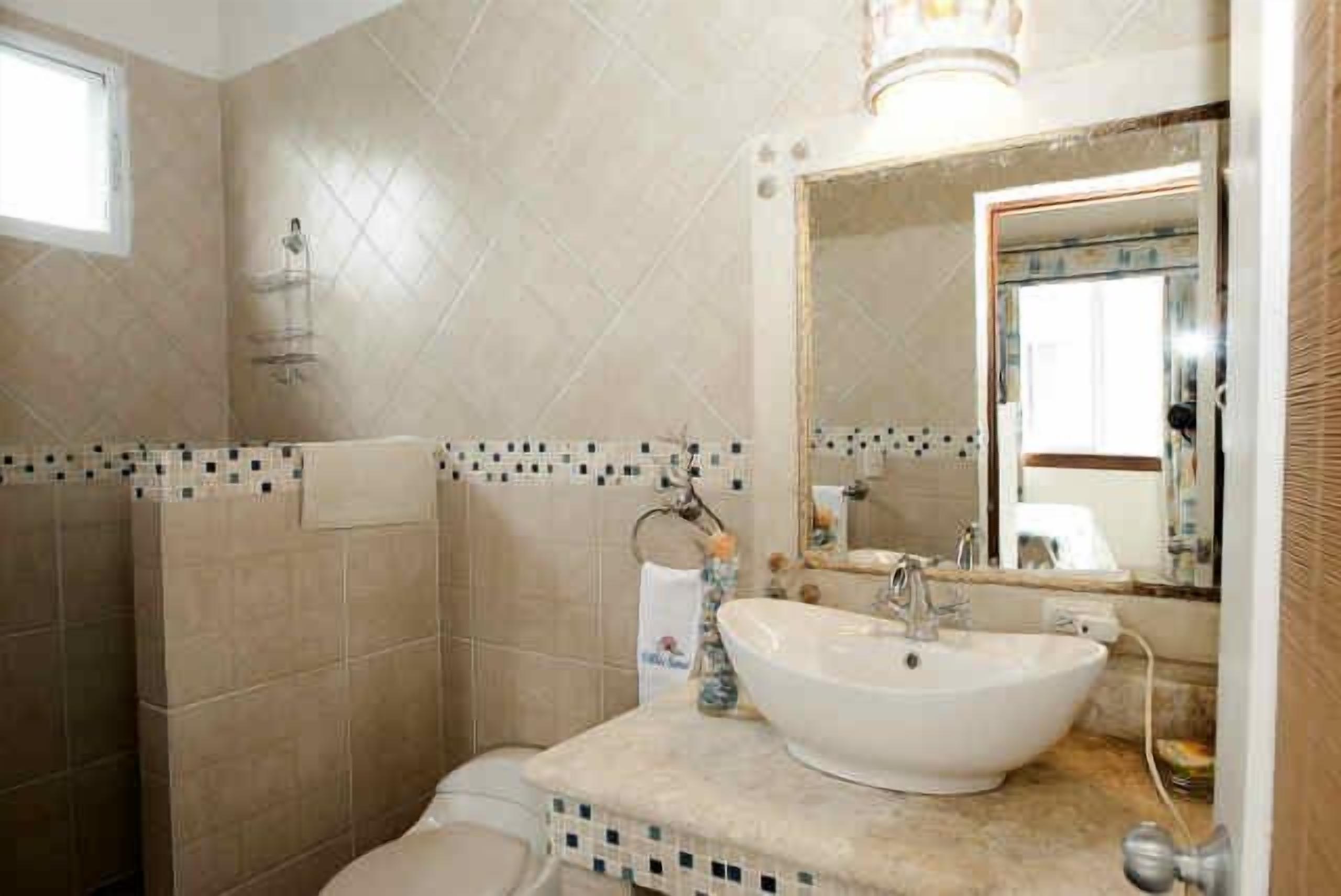 Une salle de bain avec un grand lavabo, un miroir et une douche.