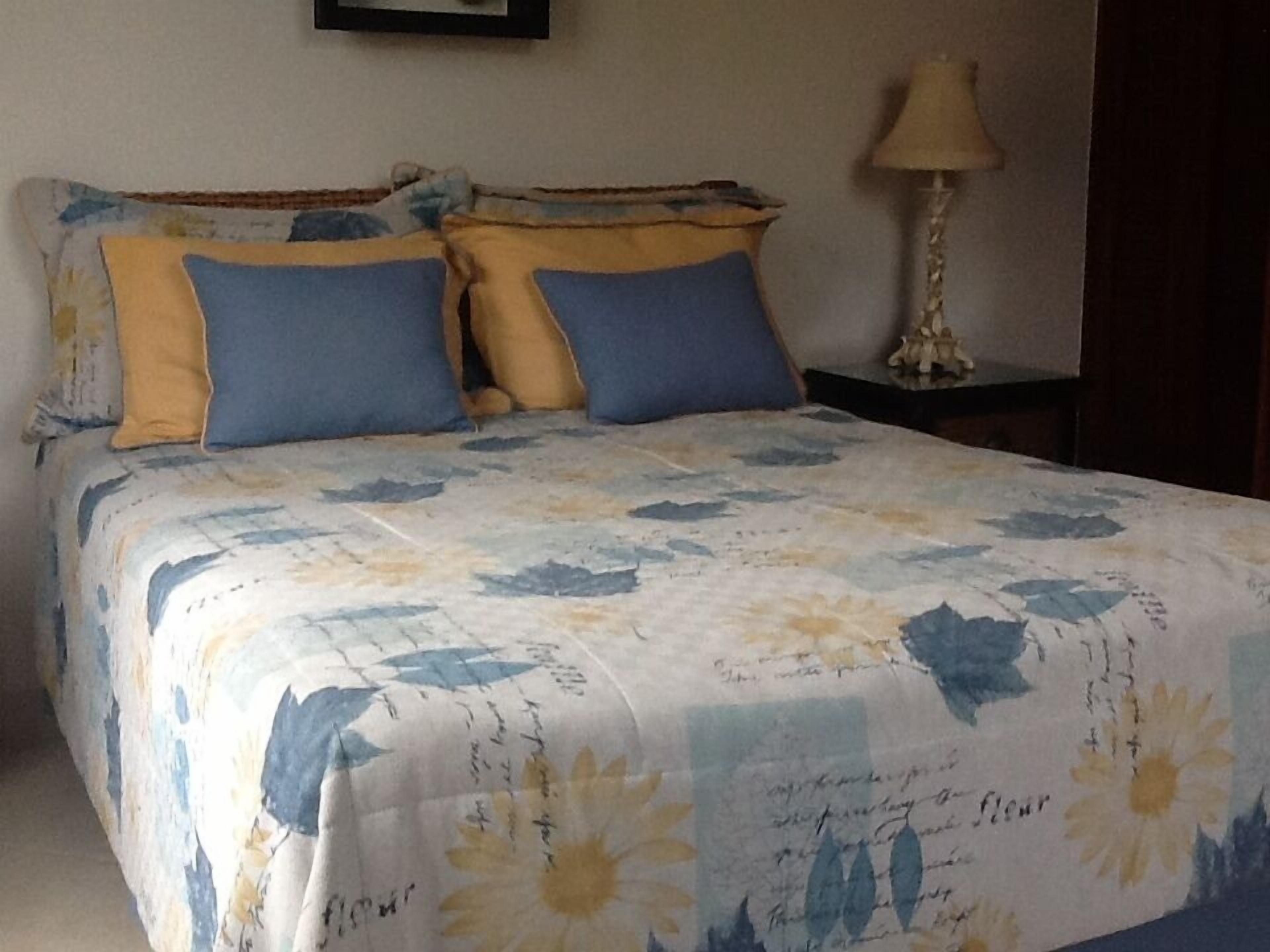 Una cama con una colcha estampada, dos almohadas y una lámpara de noche.