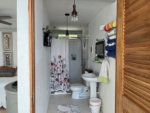 A bathroom with a shower curtain, toilet, sink, and a hanging light fixture. - Unique Ocean View Cottage with Eco-Friendly Feautres. (Culebra)
