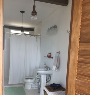 Regadera, secadora de cabello, toallas, jabón 