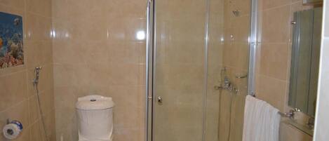 Un baño con inodoro, ducha envuelta en vidrio y lavamanos.