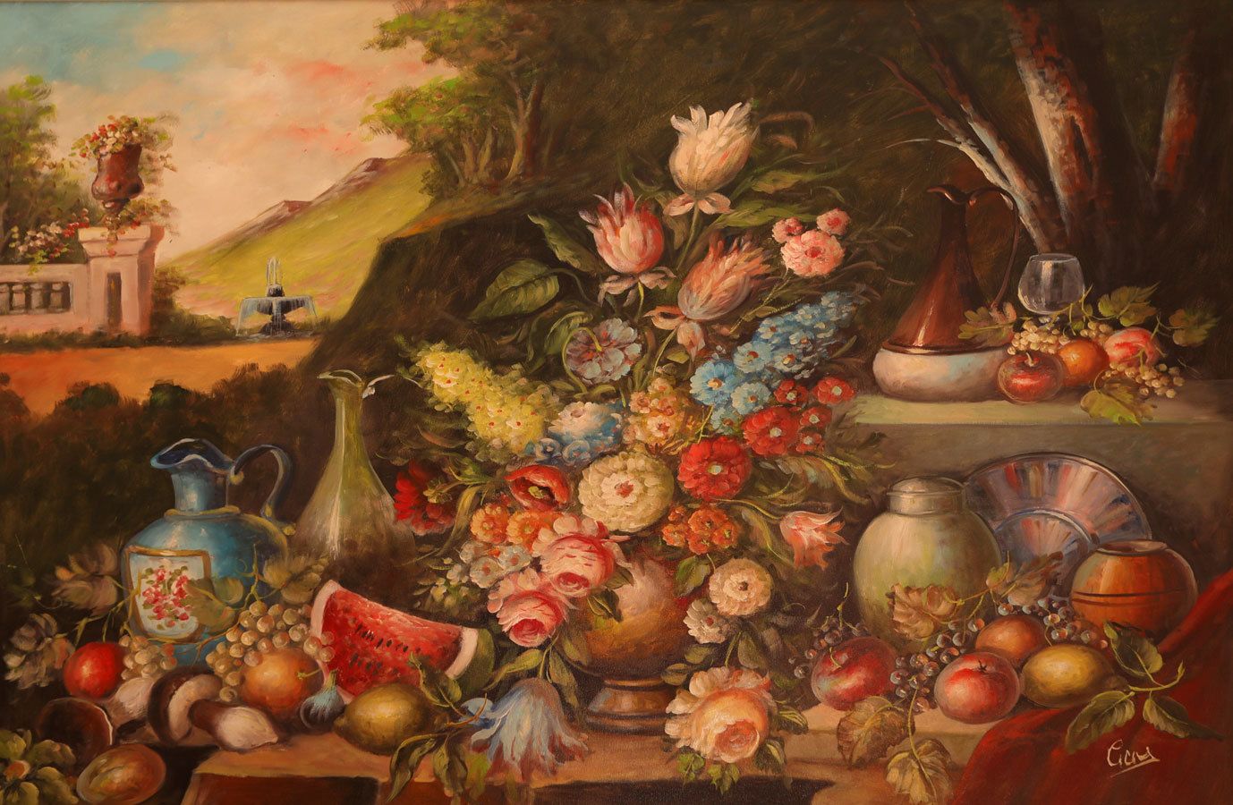Une nature morte représentant divers fruits, fleurs et vases.
