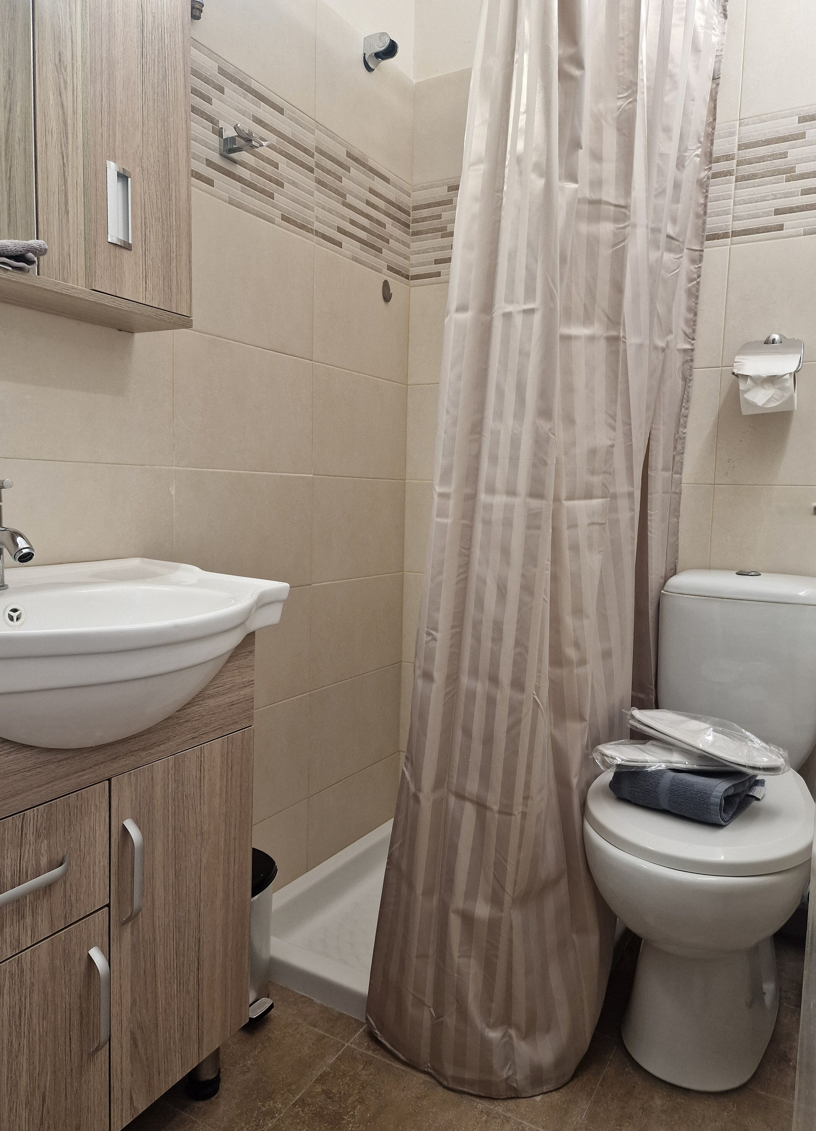 Een badkamer met een wit wastafel, houten kastje, douchegordijn, toilet en een handdoekdispenser.