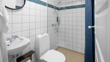 Et lille badeværelse med toilet, håndvask og brusebad.