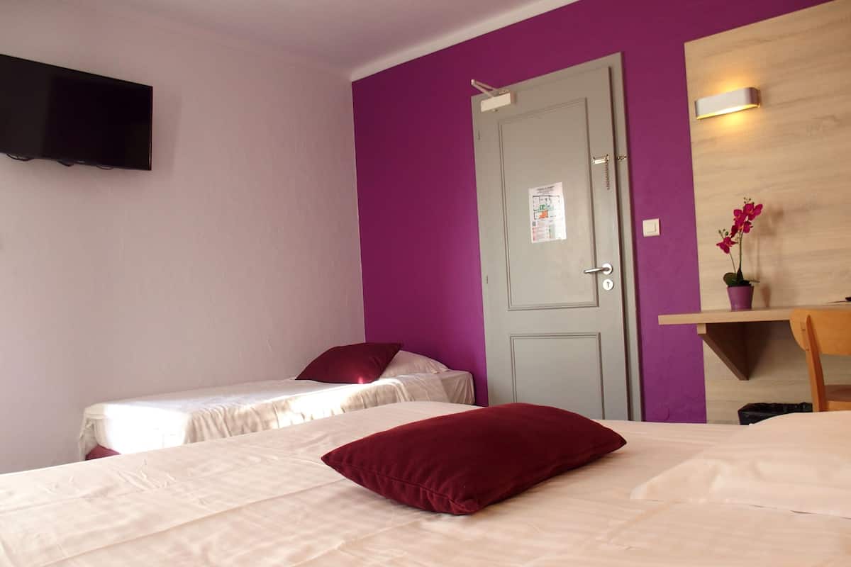 A hotel room with two beds, a television mounted on the wall, a door with a poster, and a small table with a potted plant.