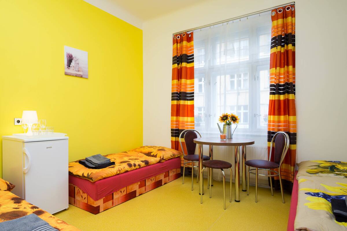 Een kamer met een bed, een klein tafeltje met stoelen, een koelkast en een raam met gordijnen.