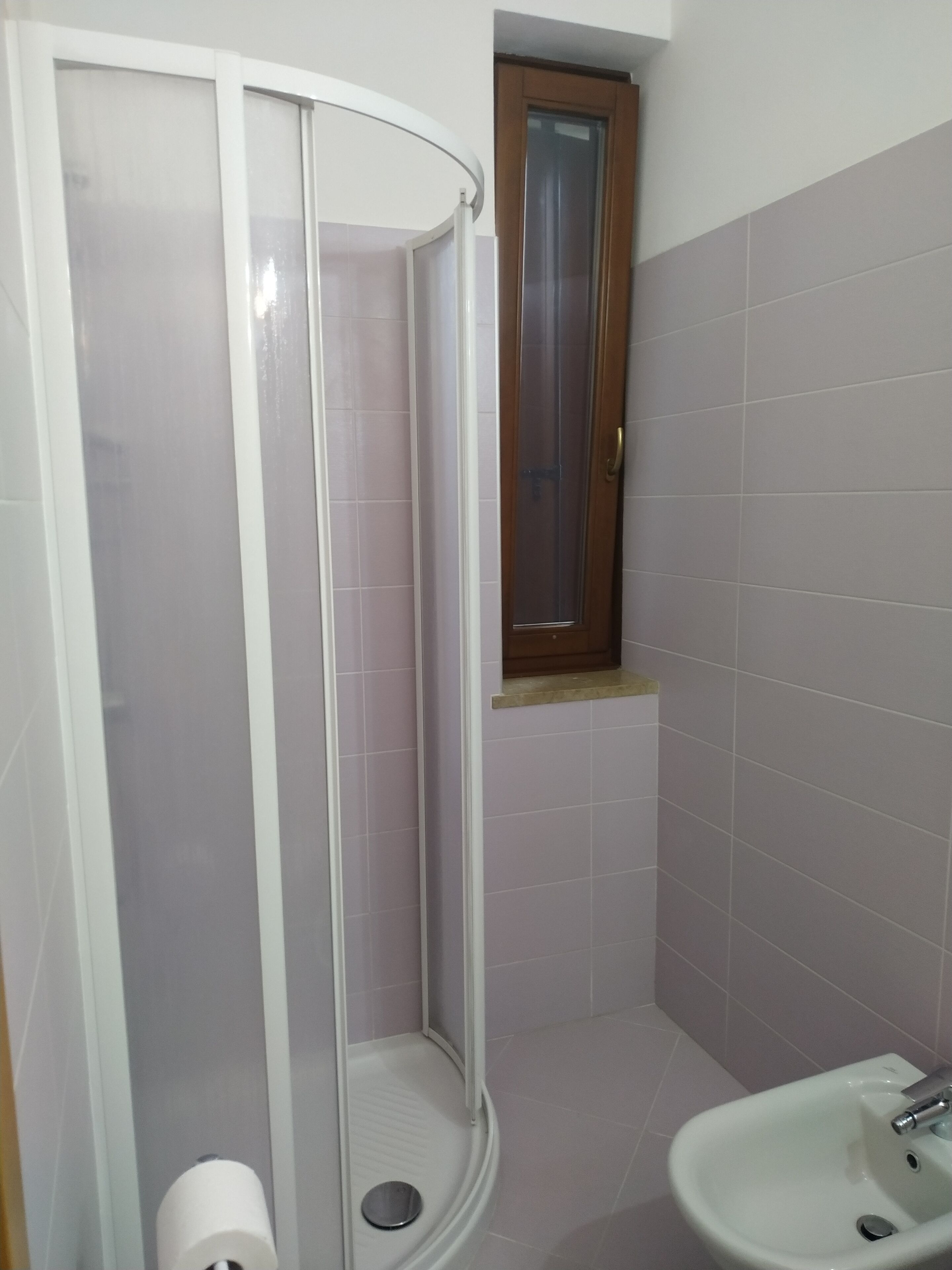 A bathroom with a shower enclosure, a sink, and a window.