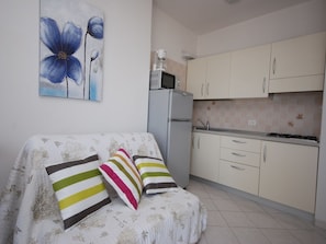 Apartamento, 1 quarto (B-5) | Cozinha privada | Geladeira, micro-ondas, cooktop, cafeteira/chaleira
