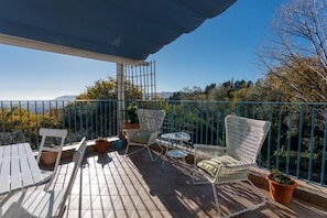A covered outdoor patio with a view of the landscape, featuring a table, chairs, and potted plants. - Ca' Bianca Bed & Breakfast (Fosdinovo)