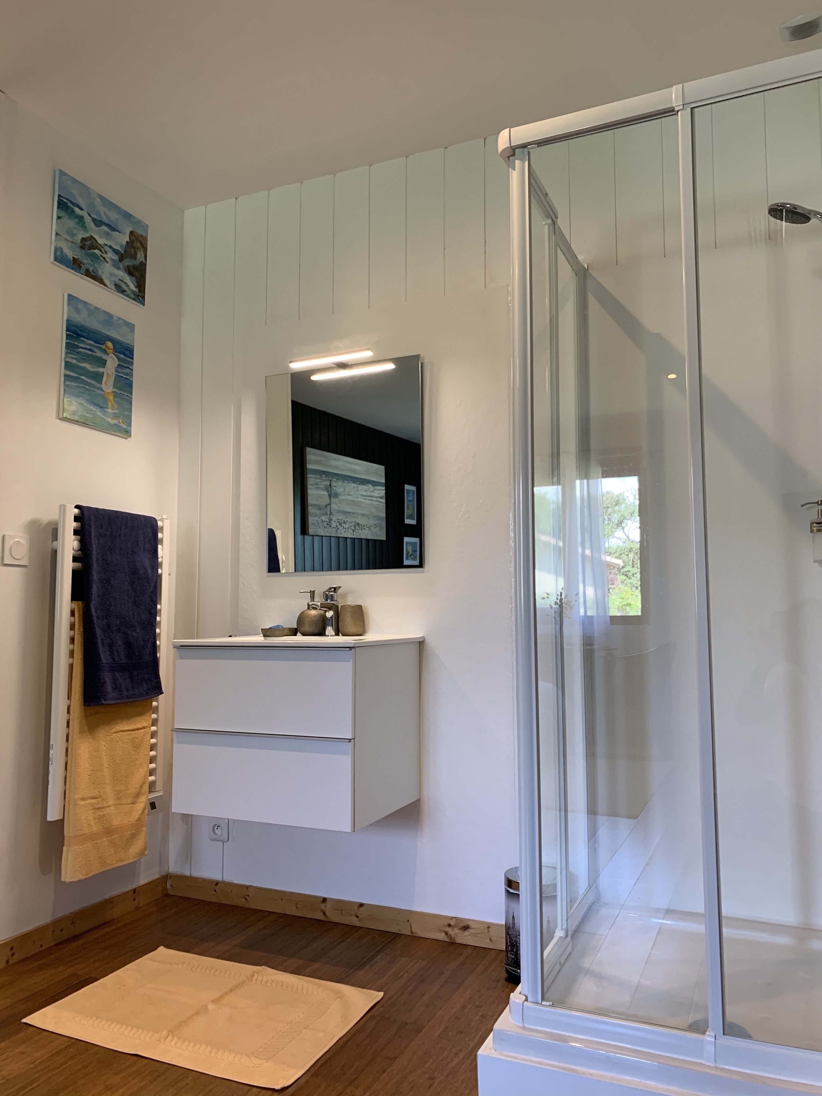 Een badkamer met een glazen douchecabine, een wit wastafelmeubel met spiegel, en kunst aan de muren.