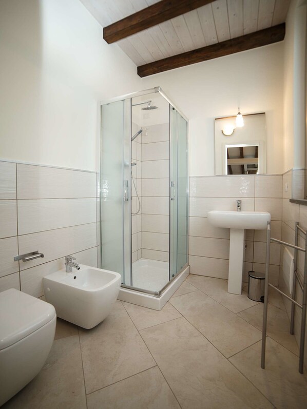Une salle de bain moderne avec une douche à parois de verre, un lavabo sur colonne et un bidet.